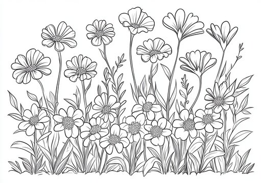 Campi fioriti in bianco e nero, disegno a linea continua