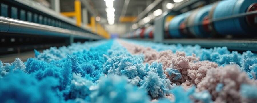 Recycled polyester threads processing in textile factory. Transformation of waste material into usable fibers. Bright blue, pink colors showcase sustainability, innovative eco-friendly textile