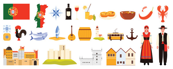 Travel to Portugal set. Portuguese culture and landmarks collection, man and woman in traditional costumes, ceramic mosaic tile and yellow tram, country flag and map cartoon vector illustration