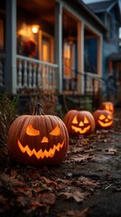 Warm Glow of Carved Pumpkins Lining a Street During Halloween Evening