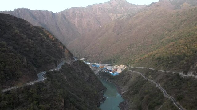 Drone View of Rudraprayag Sangam &ndash; Aerial Shot of the Sacred Confluence of Alaknanda and Mandakini Rivers Amidst Himalayan Landscape in Uttarakhand, India