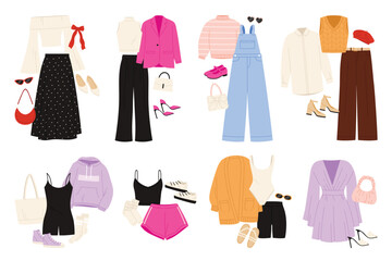 Womens trendy outfits set. Fashion collection of wardrobe with clothes, shoes and accessories for young woman, apparel for summer, spring and autumn seasons and sports cartoon vector illustration