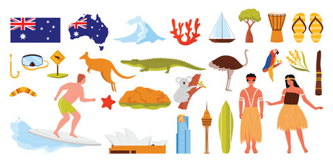 Travel to Australia, tourism set. Australian culture and famous landmark, people and landscape stickers collection, flag and map of country, architecture and animals cartoon vector illustration © Flash Vector