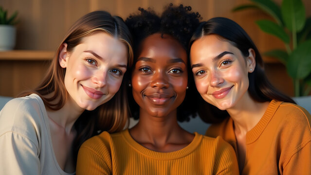 three people mixed ethnicity one caucasian one african american one albinic sit harmoniously entwined diverse features