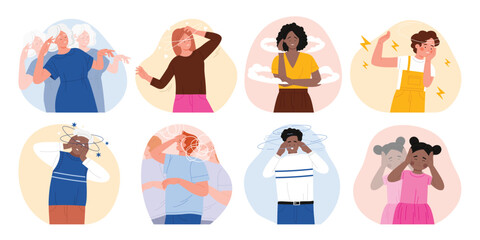 Dizzy people set. Sad woman and man feeling vertigo and headache, sick young and old characters with lightheadedness and stress, sign of star and cloud movement above head cartoon vector illustration
