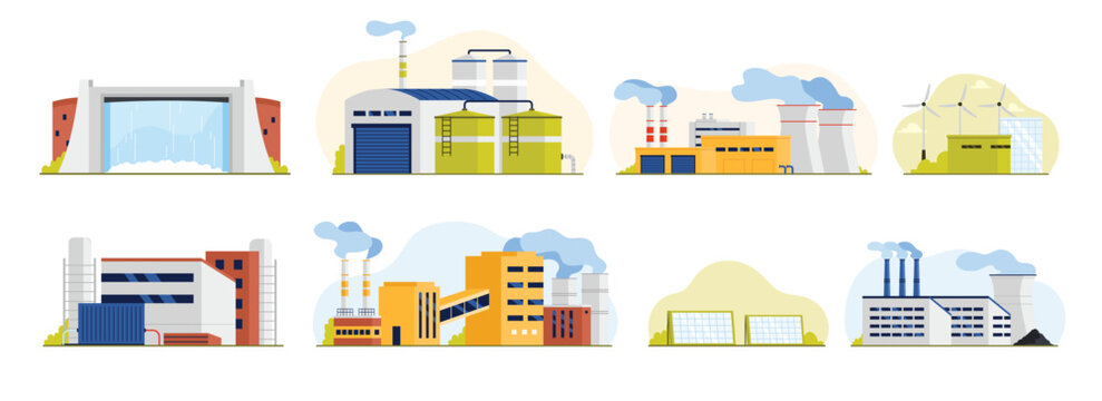 Power plants types set for energy generation. Eco sustainable wind and photovoltaic complex with solar panels, hydroelectric and geothermal station, nuclear, biomass plants cartoon vector illustration