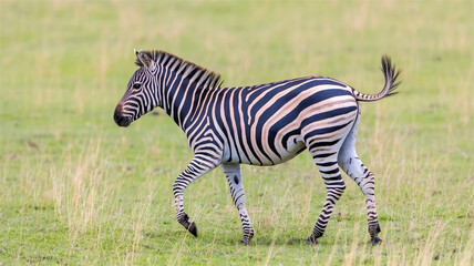 Obraz premium A side-view photograph of a young zebra walking through a grassy savanna landscape.