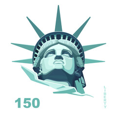 USA Independence Day. Portrait of Statue of Liberty, presentation poster. Green flat design template. US holiday. National symbol of America New York, banner, advertising, freedom. Vector illustration