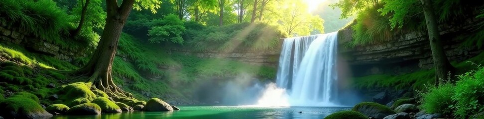 Naklejka premium Sunlit waterfall in vibrant green forest, mist rising, sunlight, beam