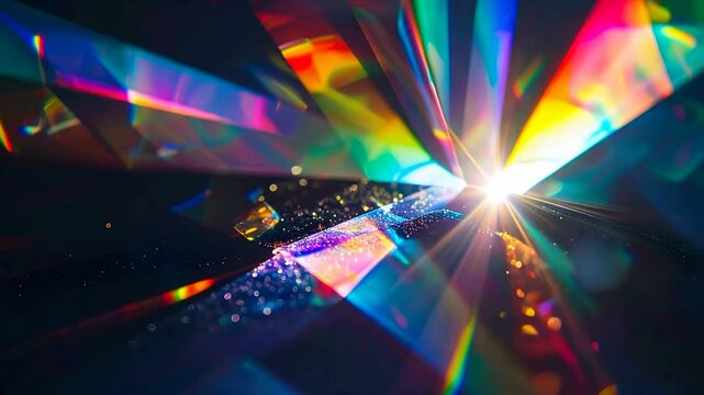 Vivid diffraction effects creating vibrant patterns of light with prismatic optical colors, showcasing a mesmerizing and dark abstract composition for creative projects and conceptual visual designs