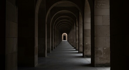 Obraz premium Dramatic perspective view of arched stone corridor with moody light and deep shadows — perfect for architectural visuals and cinematic design