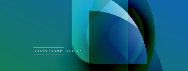 Abstract geometric shapes overlap, creating vibrant blue, green gradients. Modern design element for backgrounds, banners, presentations.