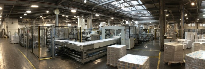 Fototapeta premium Shrink Film Wrapping Machine Efficiently Wrapping Tile Boxes in a Large Industrial Facility During Daytime Operations
