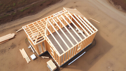 Aerial View of New Home Construction Wooden Frame Structure