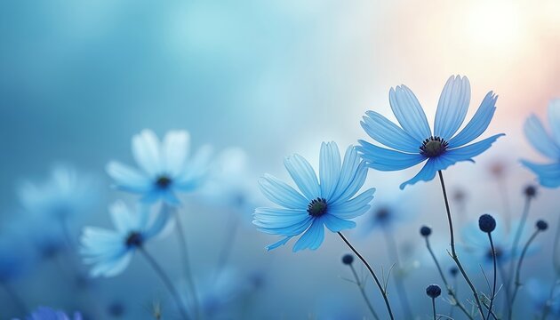Close-up view of delicate blue wildflowers in morning light. Floral field with soft petals, green stems. Springtime freshness in botanical garden. Perfect for decoration, floral design, eco concepts.