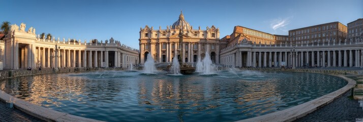 Morning Light Illuminates St Peters Square Fountain, Casting Reflections in the Tranquil Water and Showcasing the Beauty of Vatican City