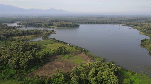 Aerial view of Saradan Lake at Ngawi, Java, Indonesia, on a bright sunny morning day.