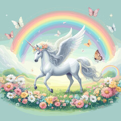 Fototapeta premium Magical unicorn with wings running through a colorful floral meadow under a rainbow