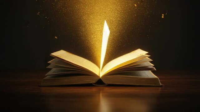 old book opens by itself on a dark wooden table, golden glow rises from its pages