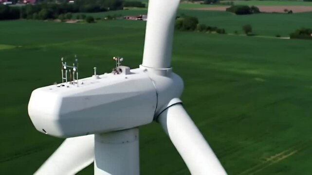 Close-Up of Wind Turbine Blades in Motion with Blurred Green Field