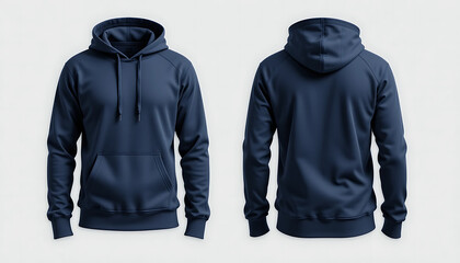 Realistic hoodie color navy mockup with front and back view on white background, featuring detailed fabric wrinkles and drawstring elements.