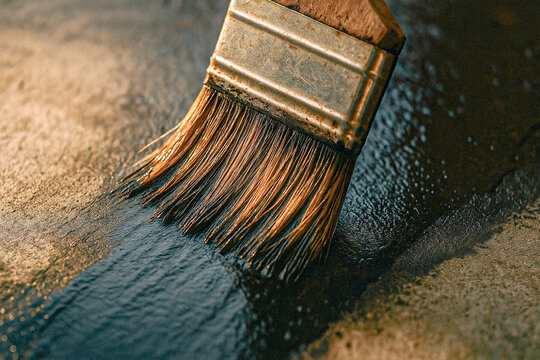 Close-Up of Paintbrush Applying Black Waterproof Coating on Surface