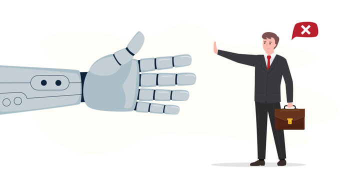 Ban robots, fear of future. Businessman showing stop or reject gesture. Stop industrial robots, ban mechanical bot, chatbot. Protection from fast development of technology.