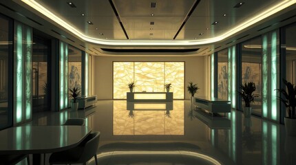 Fototapeta premium Interior view of a modern lobby with reception desk, plants, and reflective floor