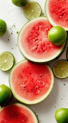 Fresh Watermelon and Lime Slices Arranged on a White Surface for a Vibrant Summer Treat