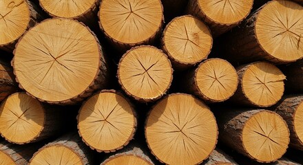 Fototapeta premium Sunlit Stack of Cross-Sectioned Logs, Detailed Wood Grain
