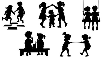 Kids Playing Silhouette Vector Set – Childhood Games, Hopscotch, Swing, and Tug-of-War