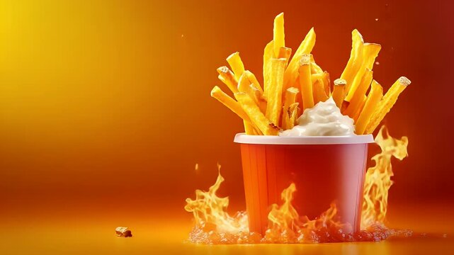 French fries with dipping sauce on fire