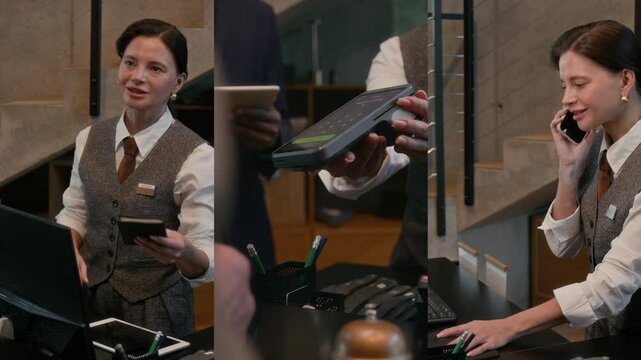 Split screen footage of female hotel receptionist talking to arrived guest, checking his document, holding terminal during contactless payment and answering phone call