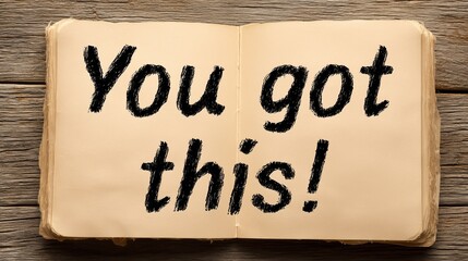 Open book displays motivational phrase " got !" on aged textured paper over wooden surface