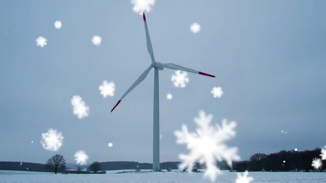 Wind Turbine on a Snowy Landscape with Falling Snowflakes