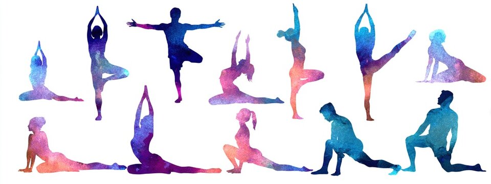 Yoga silhouettes in watercolor style, showcasing various poses and group practice, isolated on transparent background. High quality - Powered by Adobe