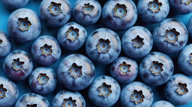 fresh blueberries in closeup with natural bloom texture and deep blue color, healthy fruit pattern layout in vibrant macro shot