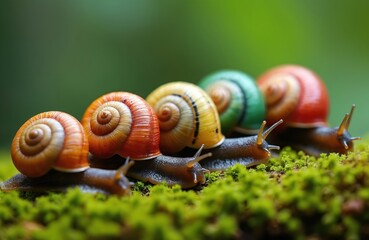 Cuban painted snails Polymita picta land animals with vivid shell colors. Endangered species with unique spiral shell. Rare mollusks in natural habitat on moss.