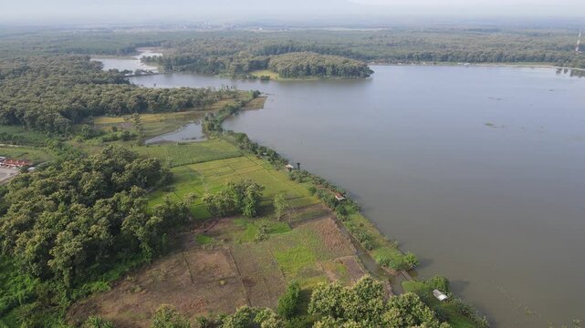 Aerial view of Saradan Lake at Ngawi, Java, Indonesia, on a bright sunny morning day.