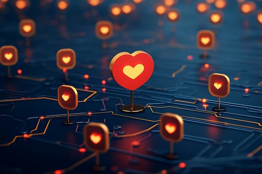 Heart Icons on Circuit Board: Digital Connections of Affection.
