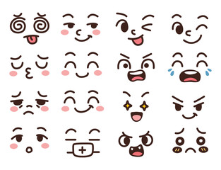 Cute cartoon face expression vector set with various emotional emoji icons