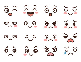 Cute cartoon face expression vector set with various emotional emoji icons