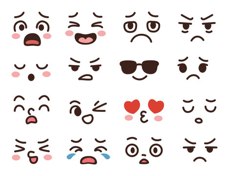 Cute cartoon face expression vector set with various emotional emoji icons