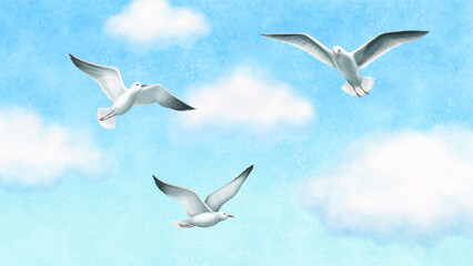 Obraz premium Seagulls in the blue sky. Watercolor illustration