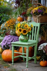 Colorful Autumn Decor Featuring a Green Chair With Sunflowers and Pumpkins in a Cozy Garden Setting
