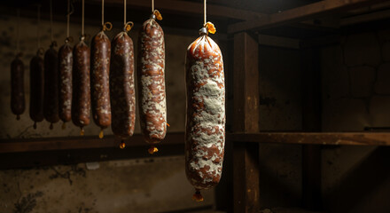Hanging cured Spanish chorizo sausages in dark cellar with copy space