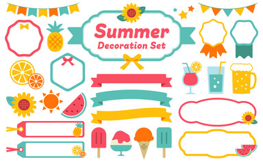 Fototapeta premium Summer Decoration Set with Ribbons, Fruits, Frames, and Ice Cream