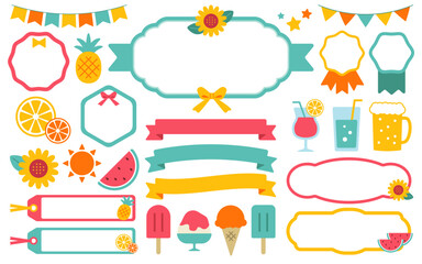 Fototapeta premium Summer Decoration Set with Ribbons, Fruits, Frames, and Ice Cream