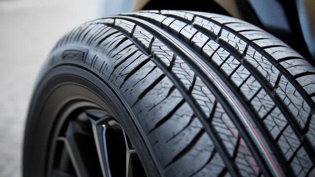Close-up showing the tread pattern and rim of a black car tire with a thin red stripe running along its circumference