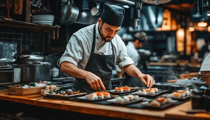 Dedicated chef meticulously preparing sushi in a professional restaurant kitchen